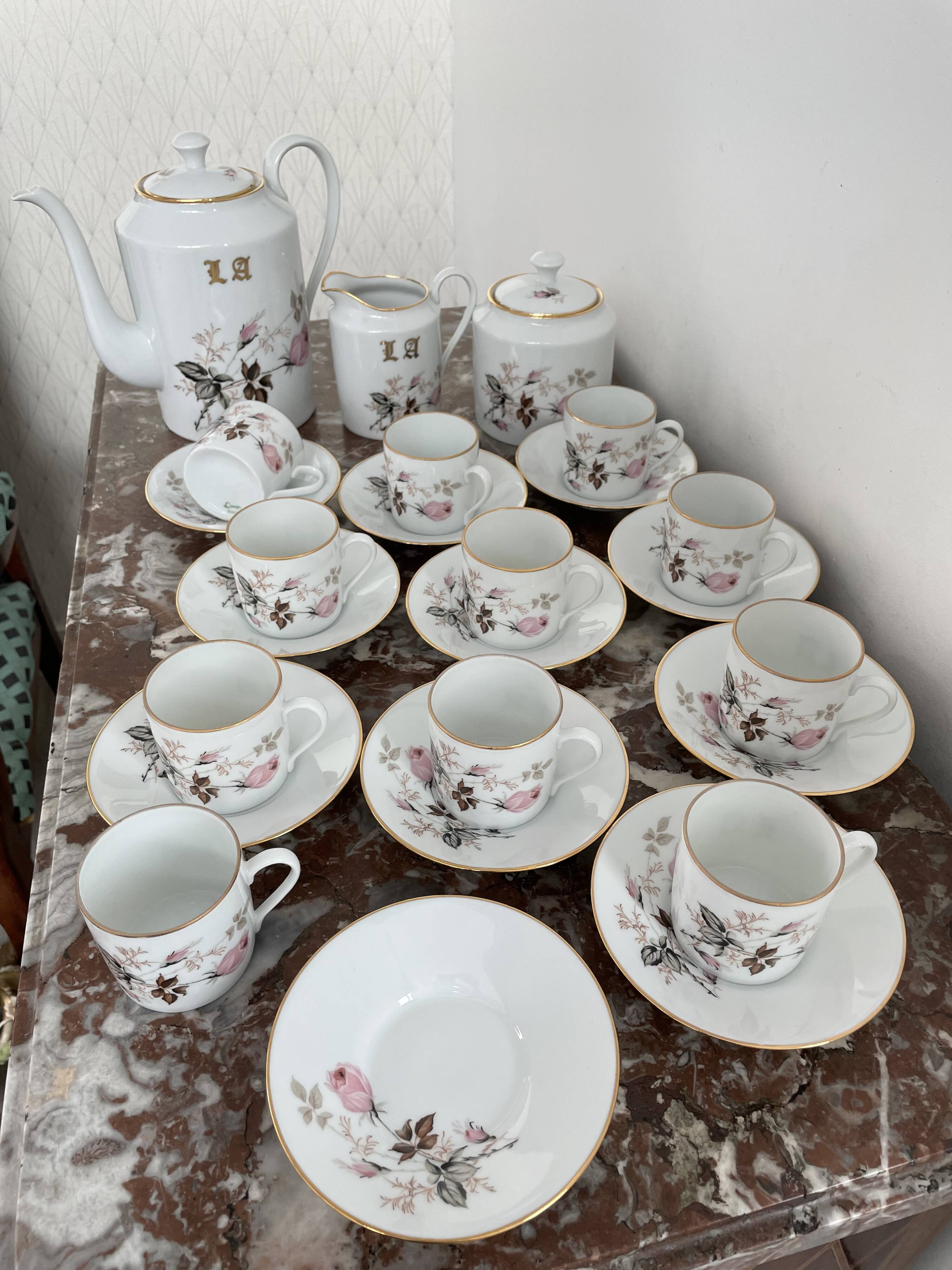 Vintage, coffee service, tea, Limoges, Flowers, cipher, 11 cups and under cups, teapot, 27 pieces