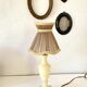 Varnished alabaster lamp, new fabric cable, mesh lampshade
