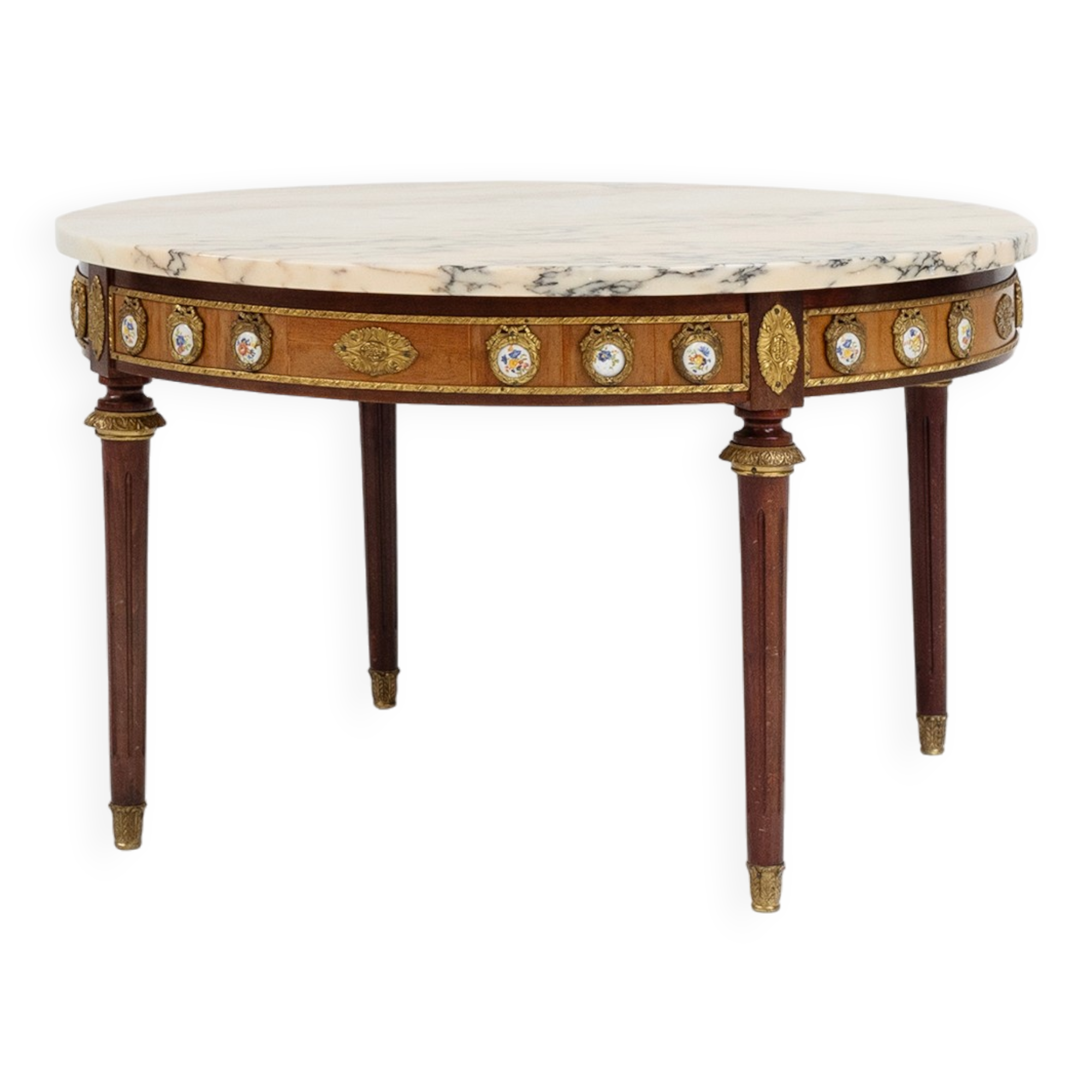 French coffee table with pink marble top and Limoges plaques, ca. 1950