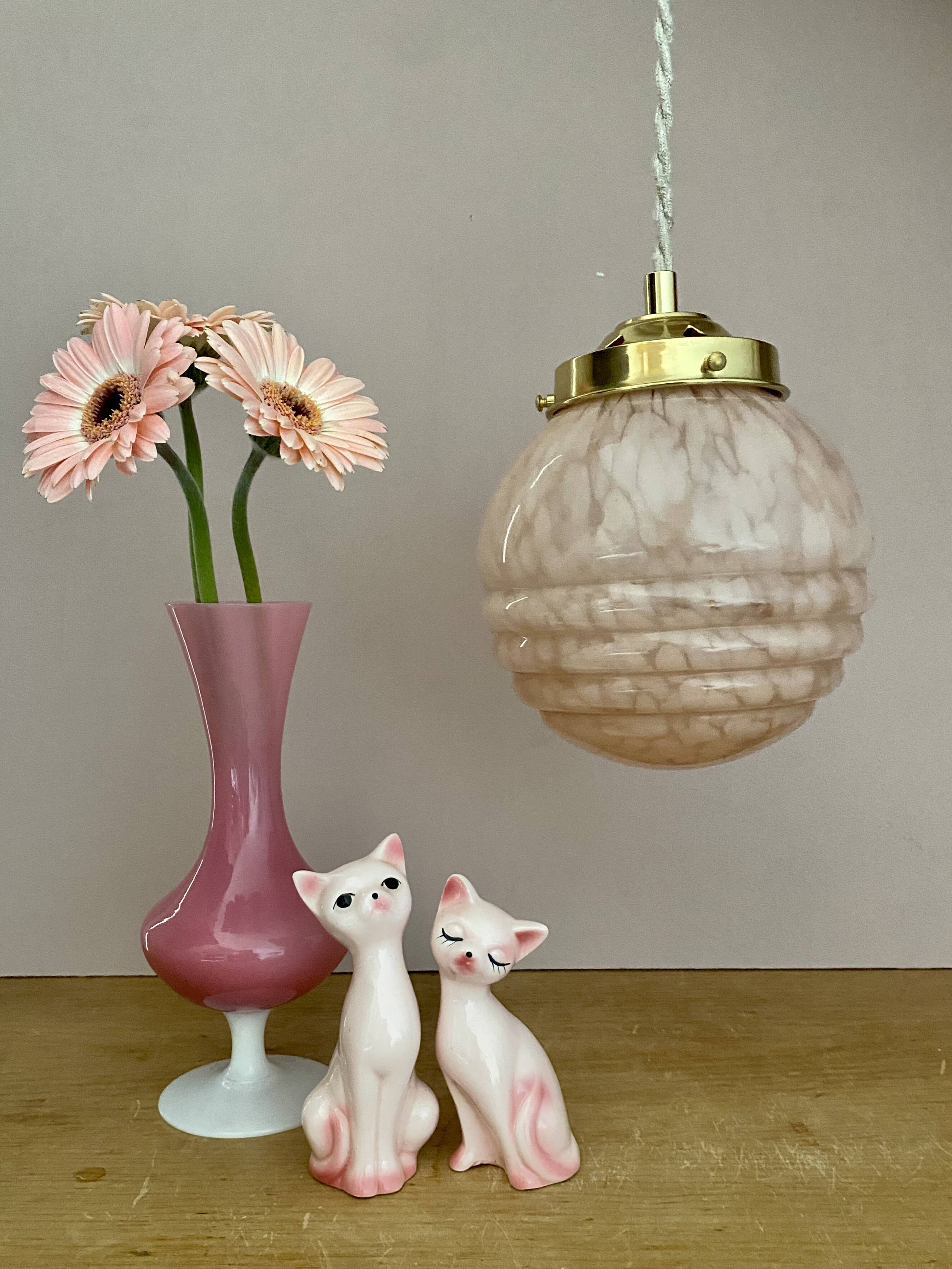 Vintage art deco globe pendant light in pink and gold Clichy glass