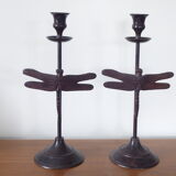 Pair of metal candlesticks, dragonfly