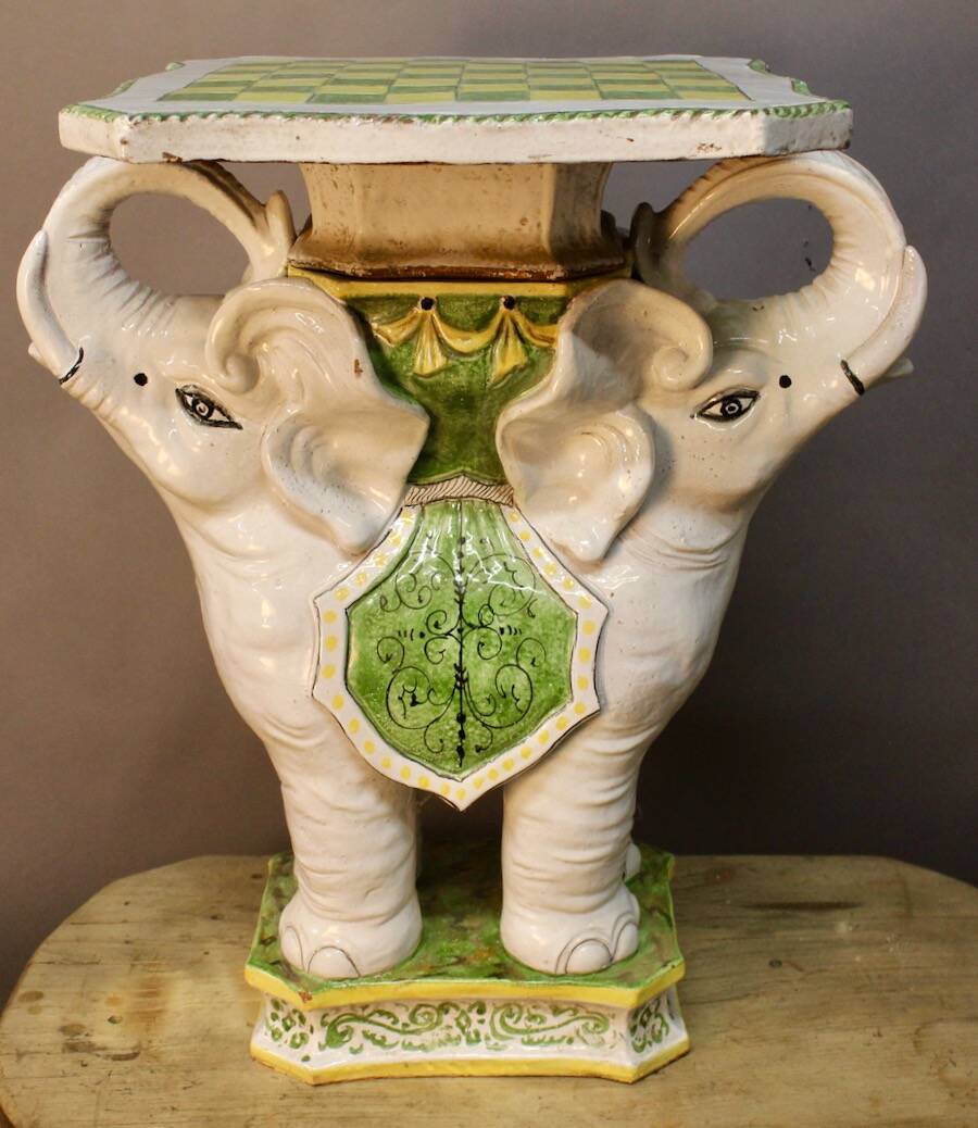 "Elephants" design chess table, enamelled, hand-painted.
