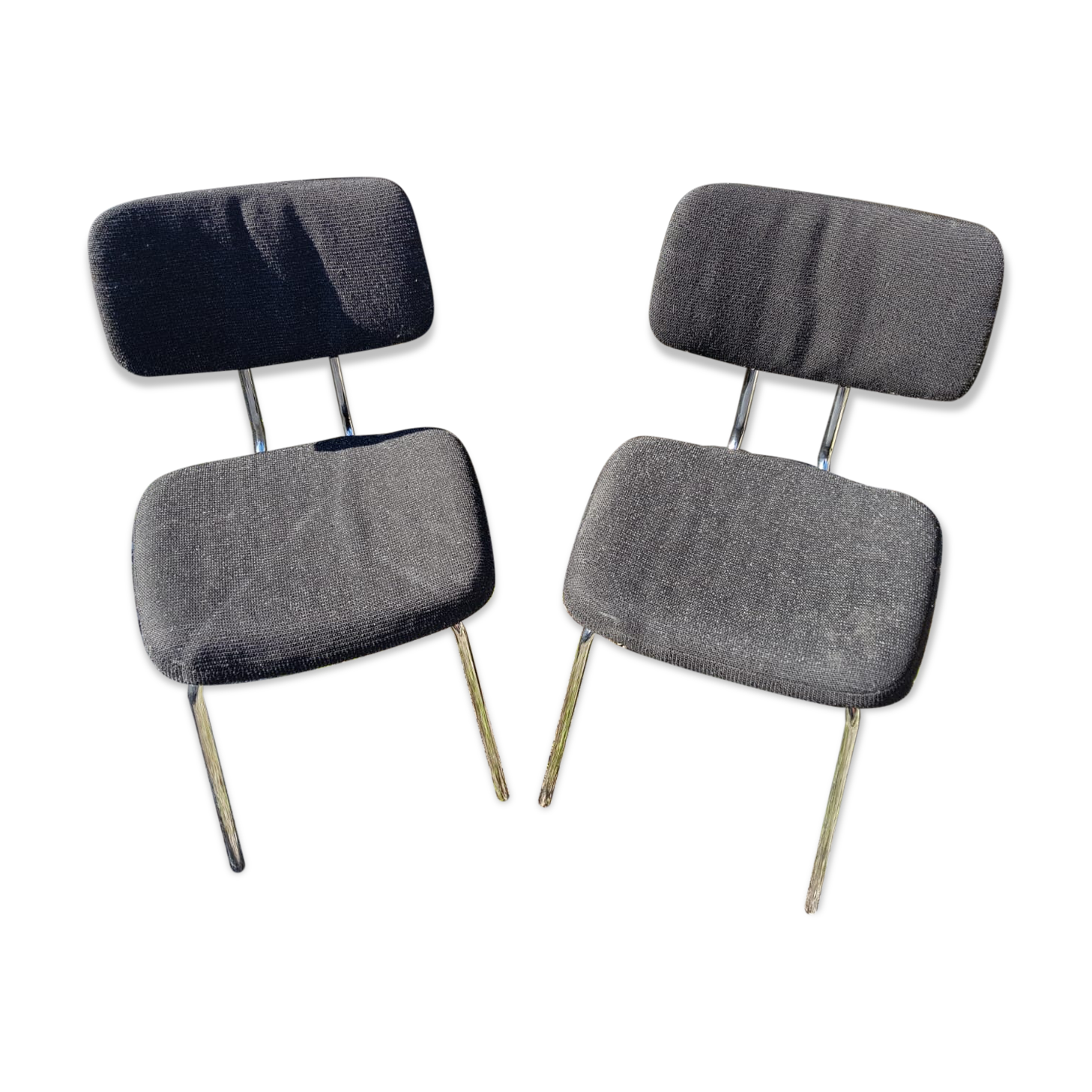 Pair Old Metal Chair Chromé - Vintage 70s Black Fabric