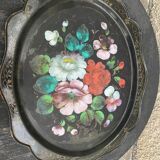 Bohemian and folkloric tray hand-painted flowers on a black metal background