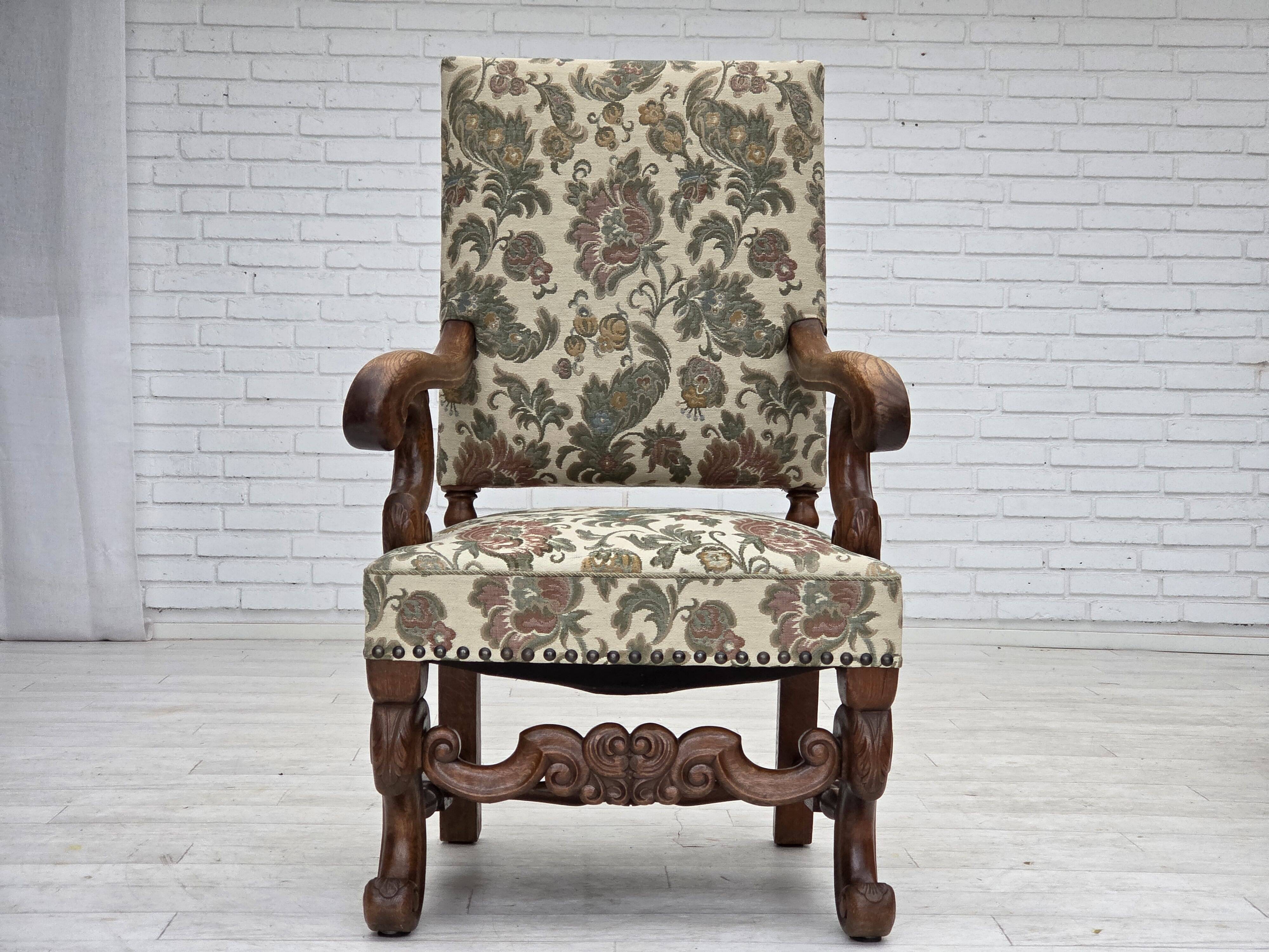1950s, Scandinavian highback armchair, furniture fabric, oak wood.
