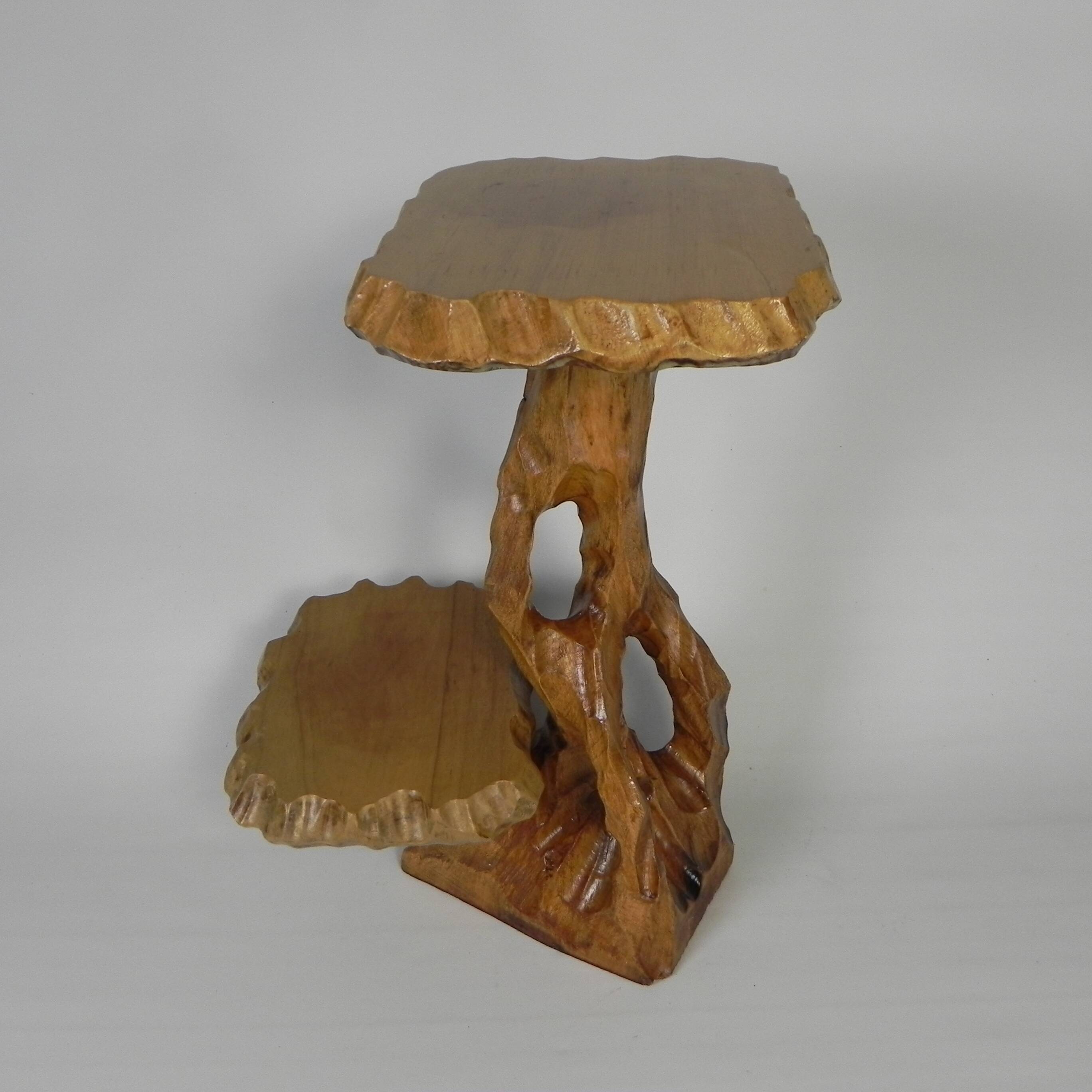 Plant table with 2 shelves, vintage wooden sculpture, USA 1950s