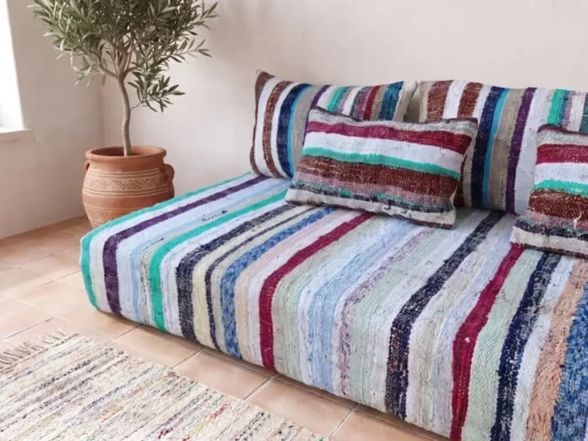 Pastel striped floor cushion, handwoven recycled cotton boucherouite.