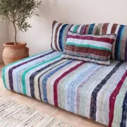 Pastel striped floor cushion, handwoven recycled cotton boucherouite.