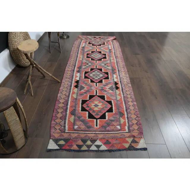 1970s Vintage Turkish Handmade Wool & Cotton Pink Runner Rug 101x318