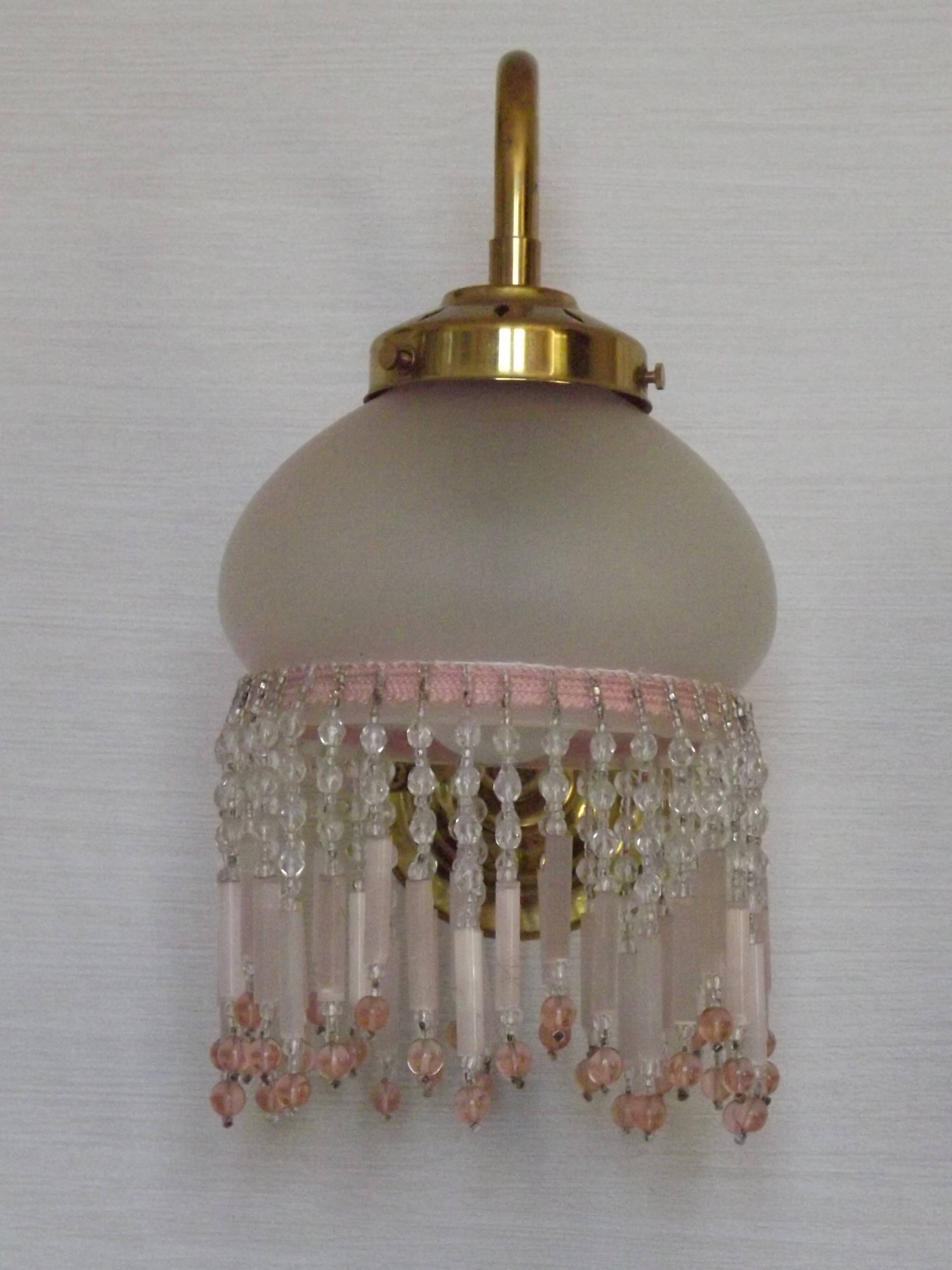 Pair of French Vintage Gold Wall Lights Pink Glass Beaded Fringe Shades
