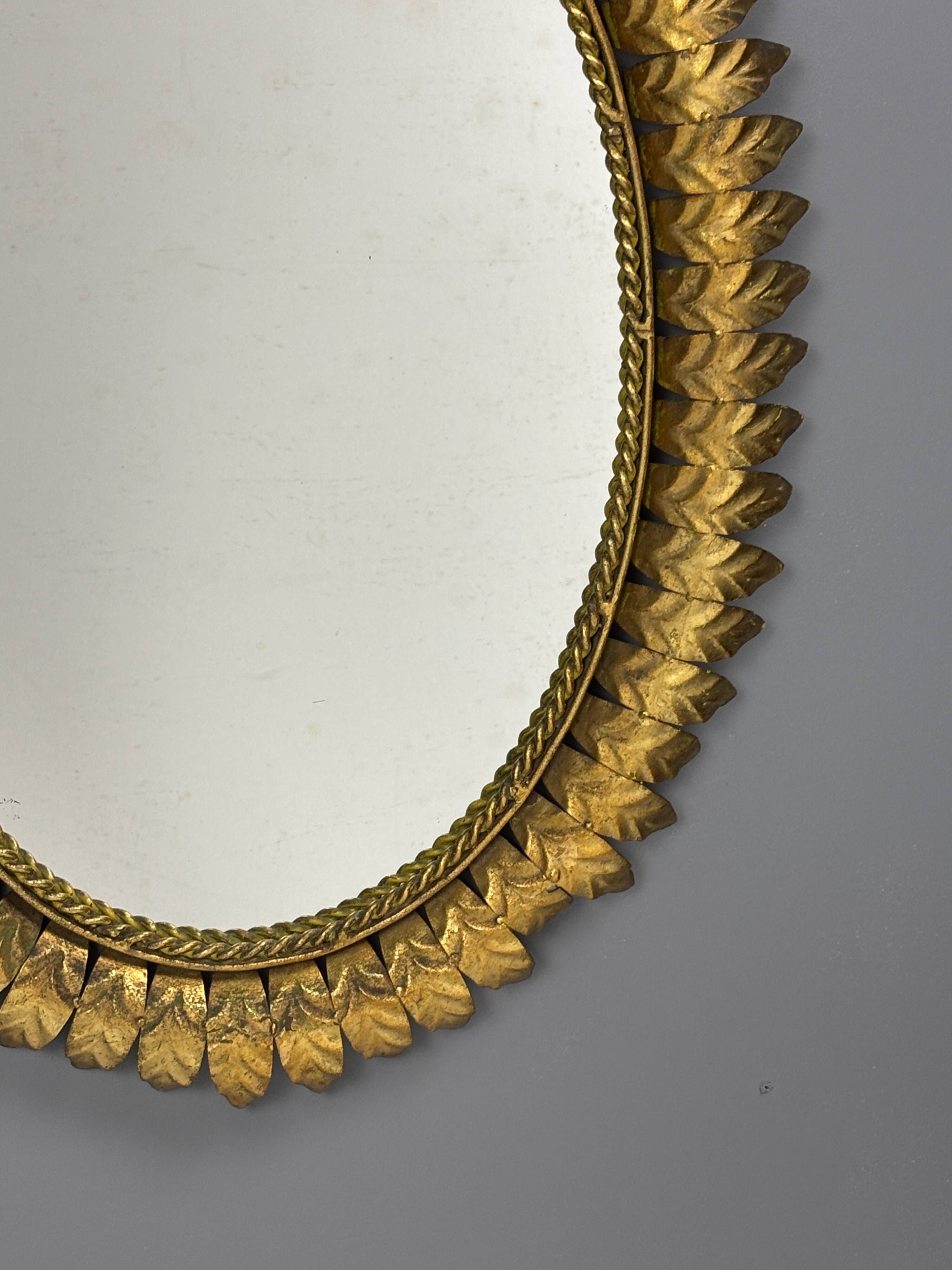Midcentury bohemian hollywood regency spanish gilt metal sun mirror, 1960s