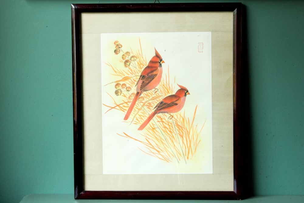 Antique asian painting on rice paper in high quality wood frames, c 1910s