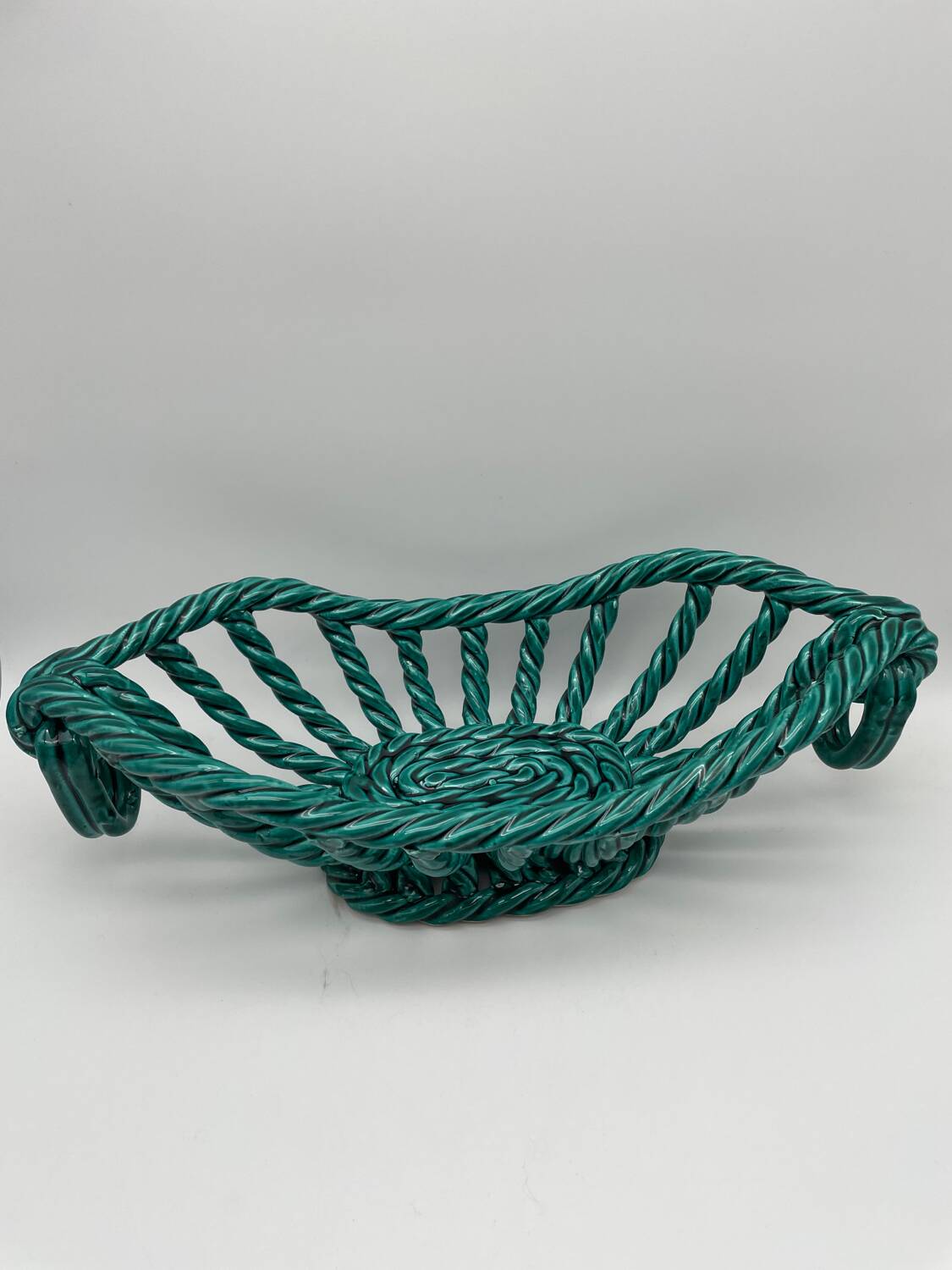 Vintage fruit basket in green enamelled woven earthenware