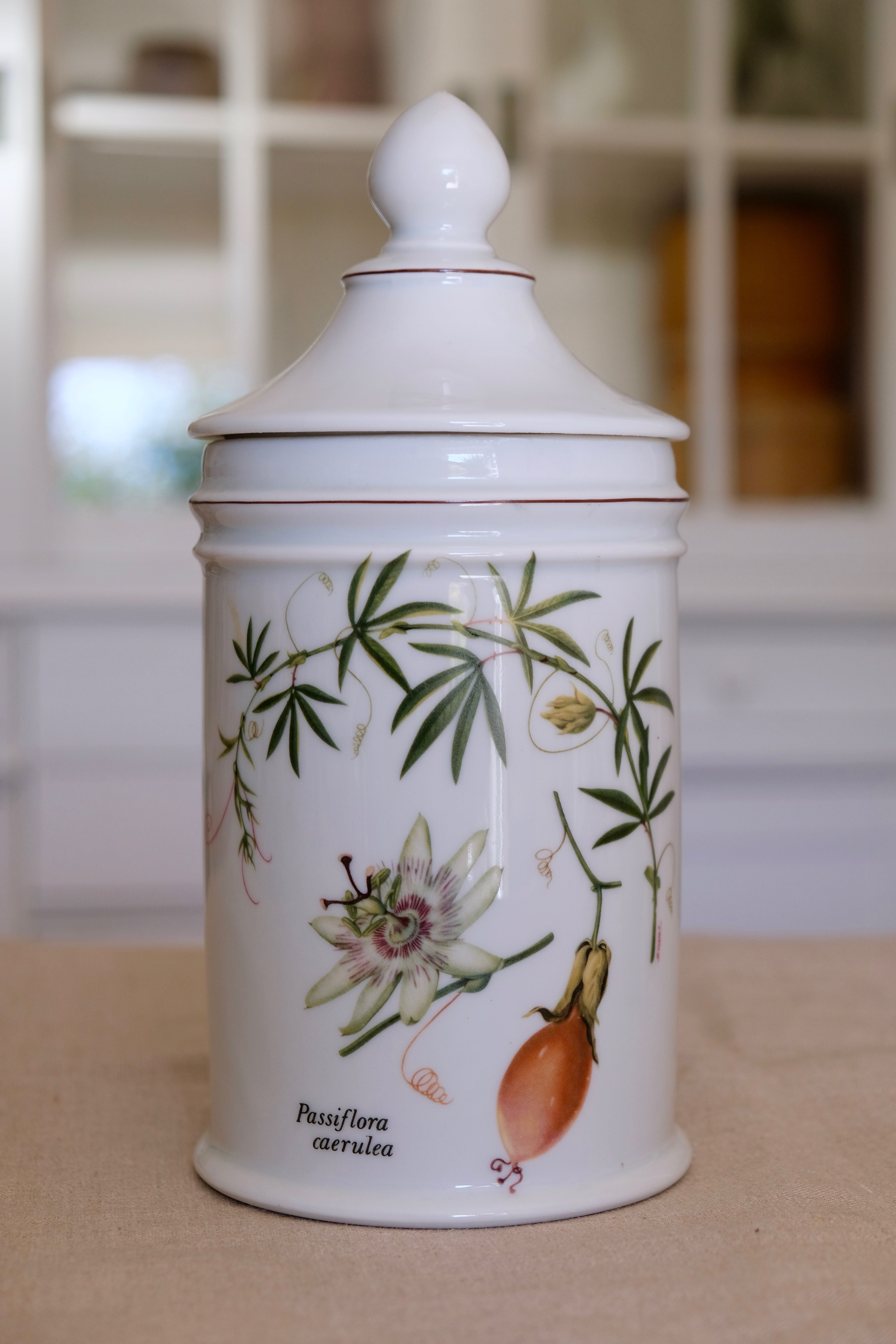 Pharmacy jar "Passiflora" porcelain Lourioux, creations Ph. Dehoulières France