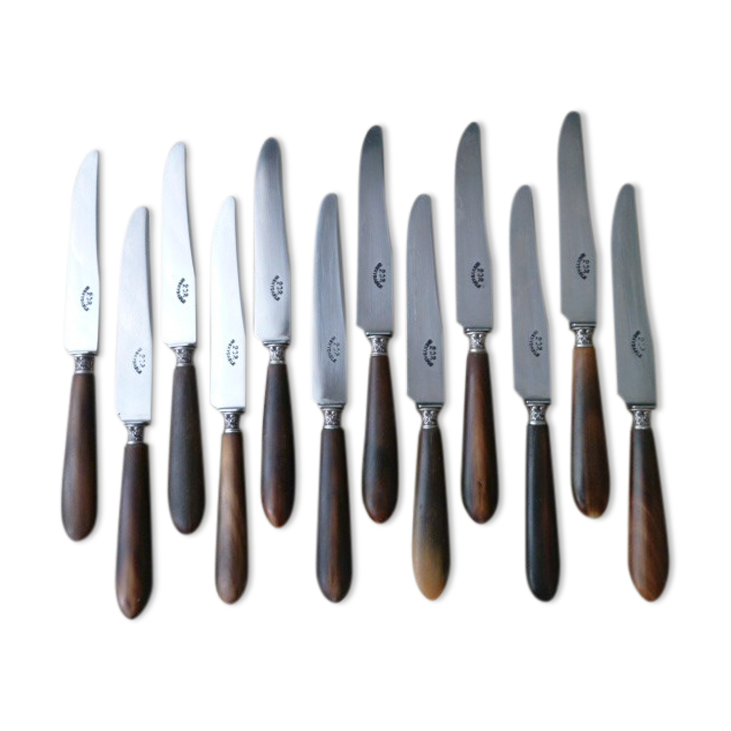 Box of 12 old cheese knives Stainless steel and bovine horn 202