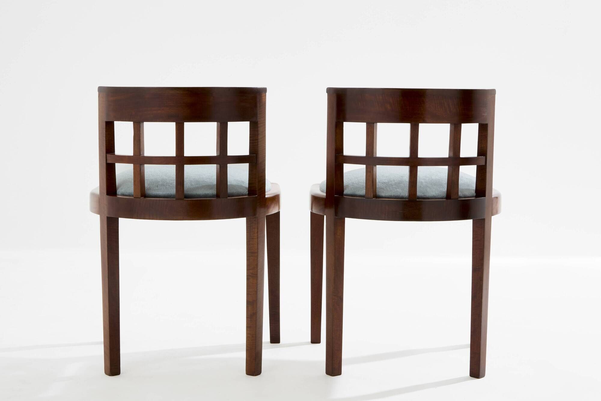 Paul T. Frankl pair of wavy walnut and mohair velvet chairs 1933