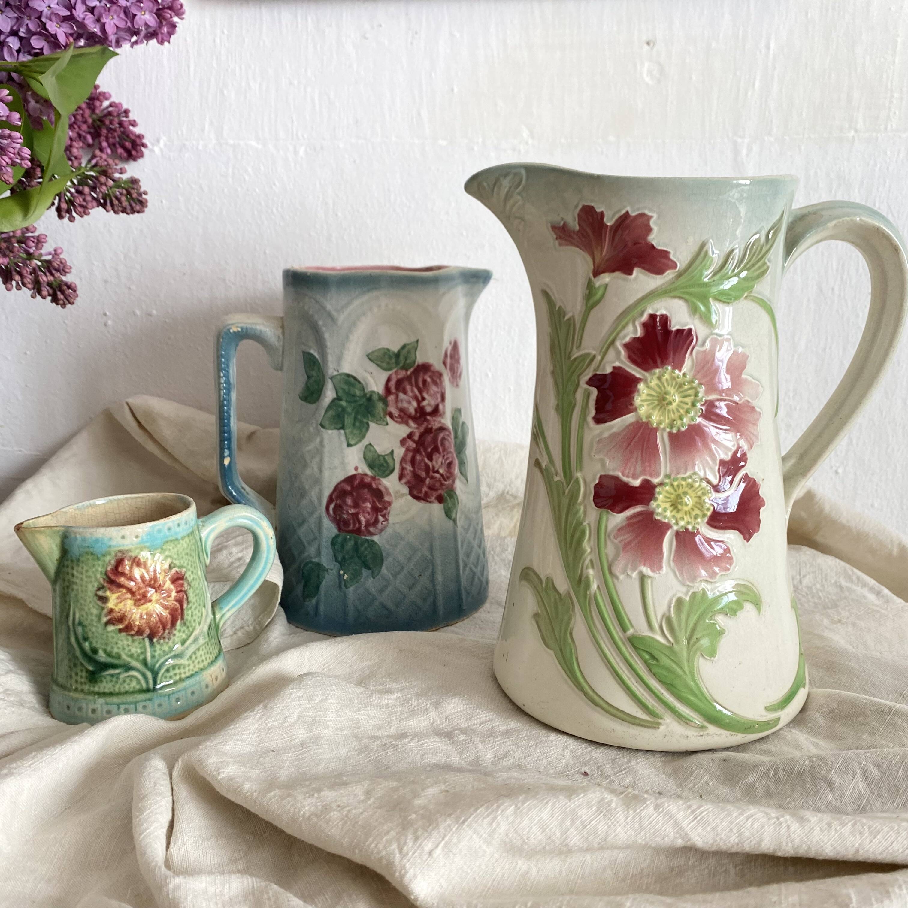 Art Nouveau slip pitcher with roses