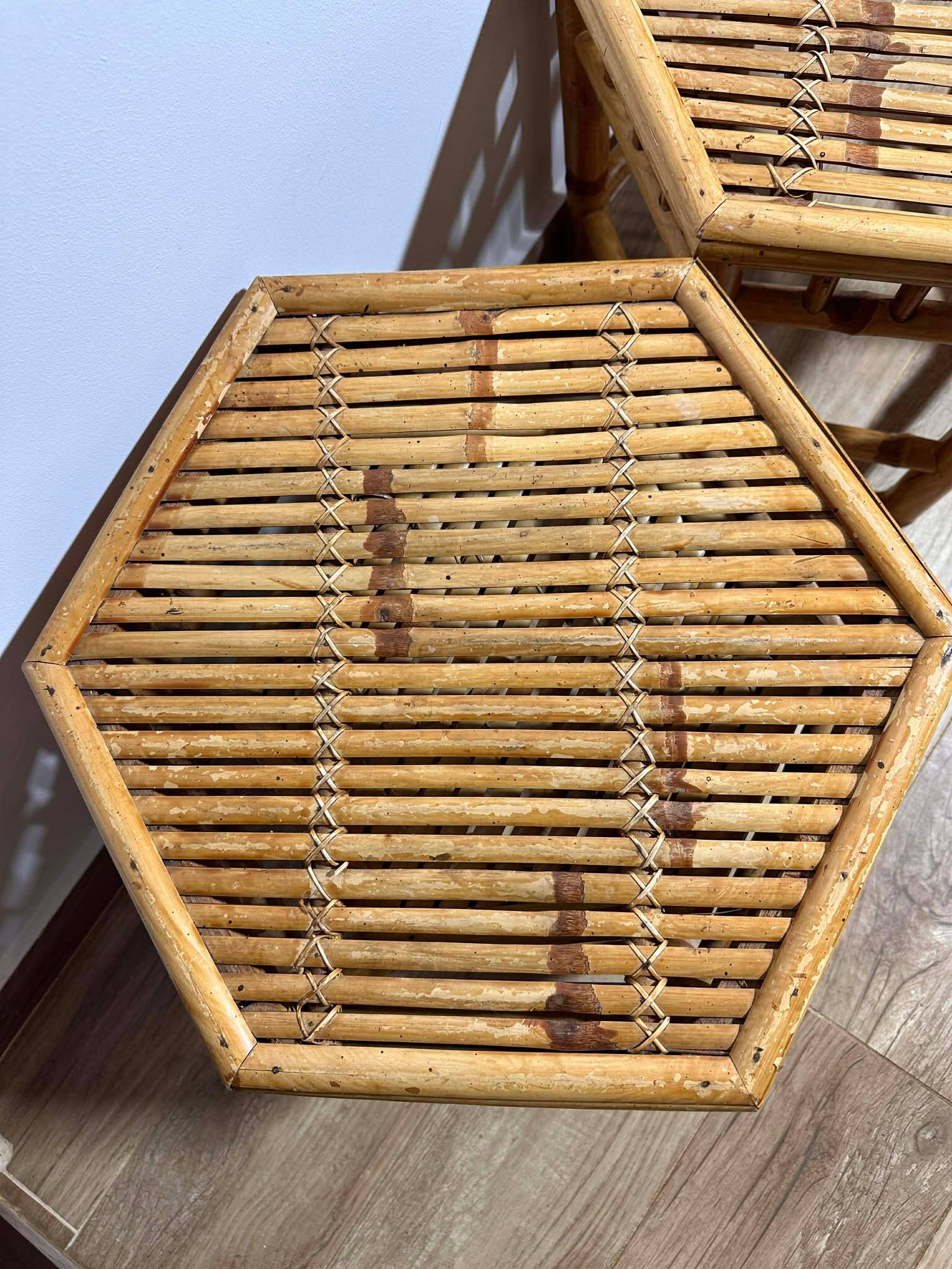 Vintage Boho Mid Century Bamboo Hexagonal Side Coffee Tables Flower Stools