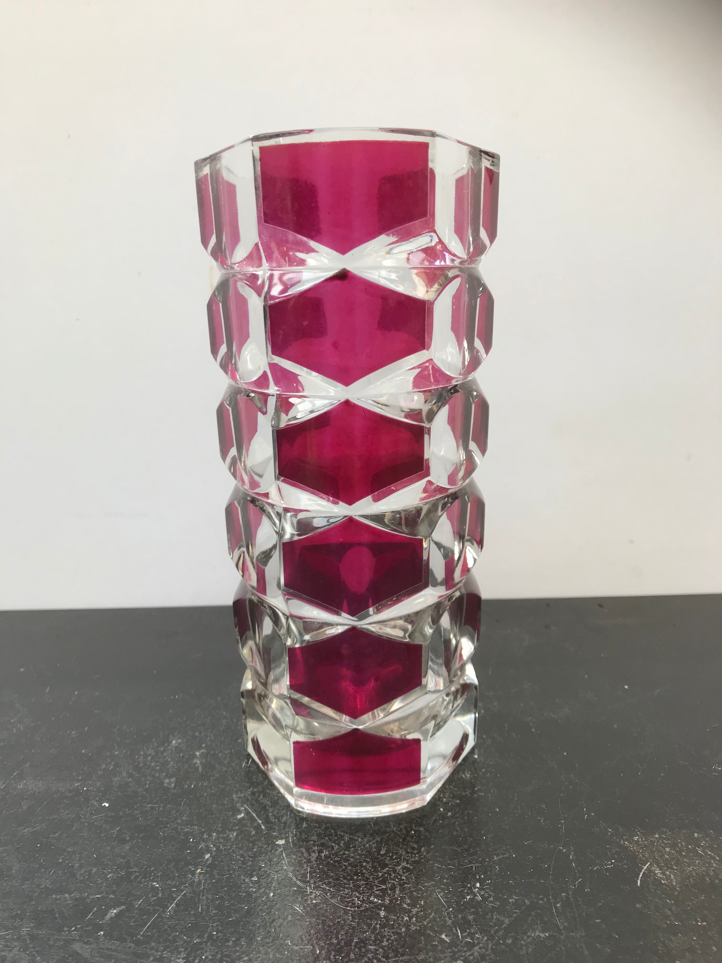 Designer transparent & red glass vase made in France vintage