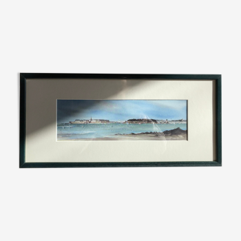 Watercolor signed Alexandre Bonade Vintage painting panoramic marine watercolor Saint-Malo