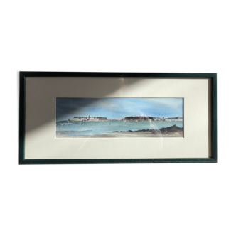 Watercolor signed Alexandre Bonade Vintage painting panoramic marine watercolor Saint-Malo