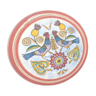 Old flat plate bird earthenware HB Quimper vintage French ceramic