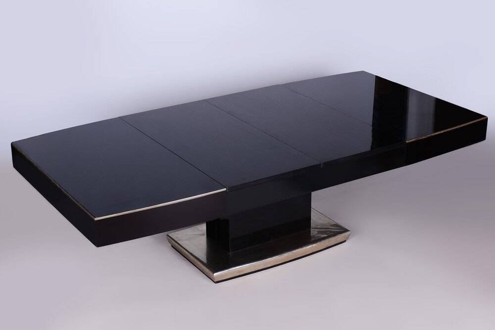 Large Art Deco Chrome and Black Glass Extendable Dining Table, 1930s