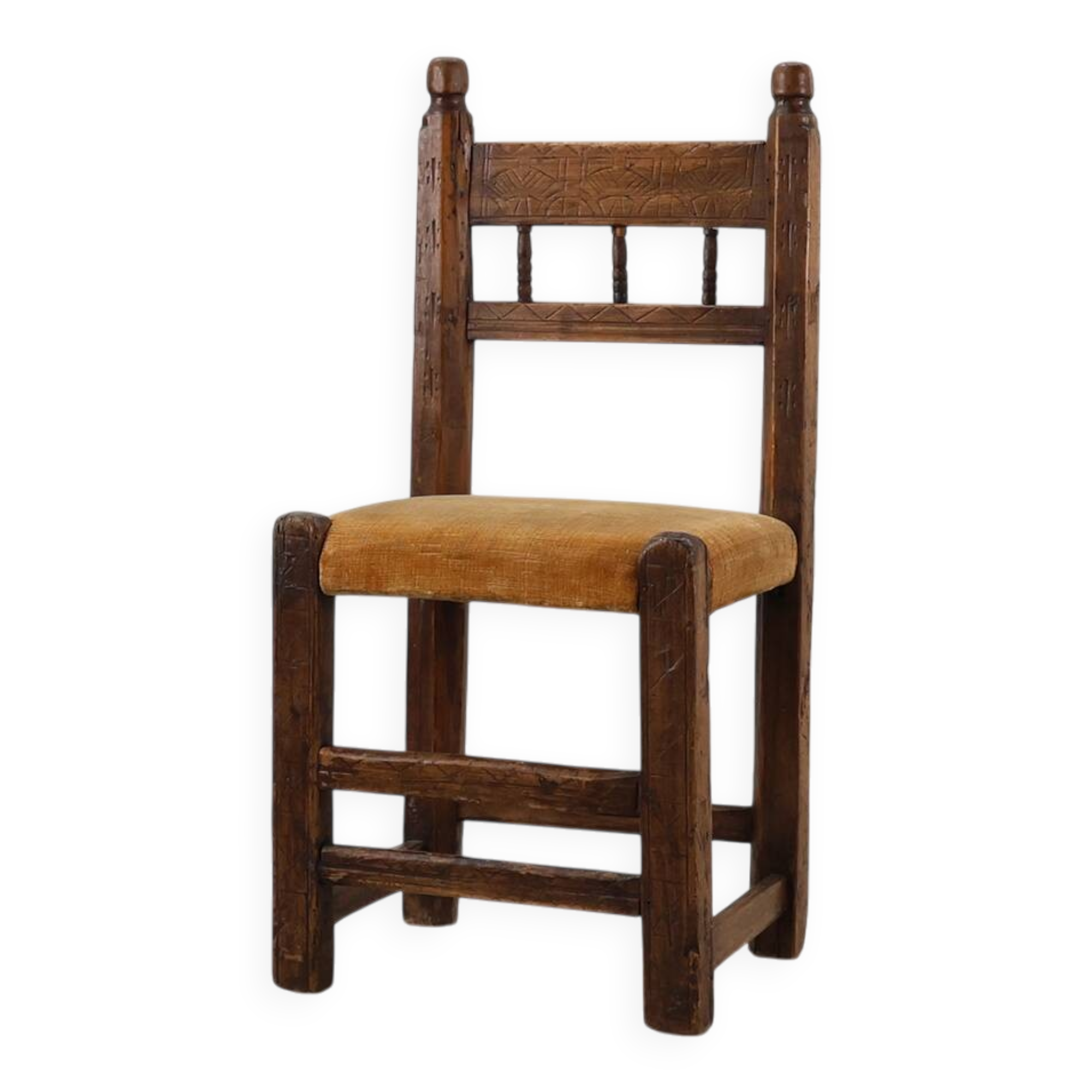 19th Century Spanish Hand-Carved oak Side Chair with Velour Seat