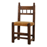 Chaise latérale en chêne sculpté à la main du 19e siècle avec siège en velours