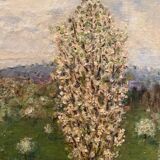 Old painting of apple trees in blossom in spring 20th century