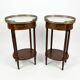 Pair of Louis XVI style bedside tables in mahogany, with marble tops.
