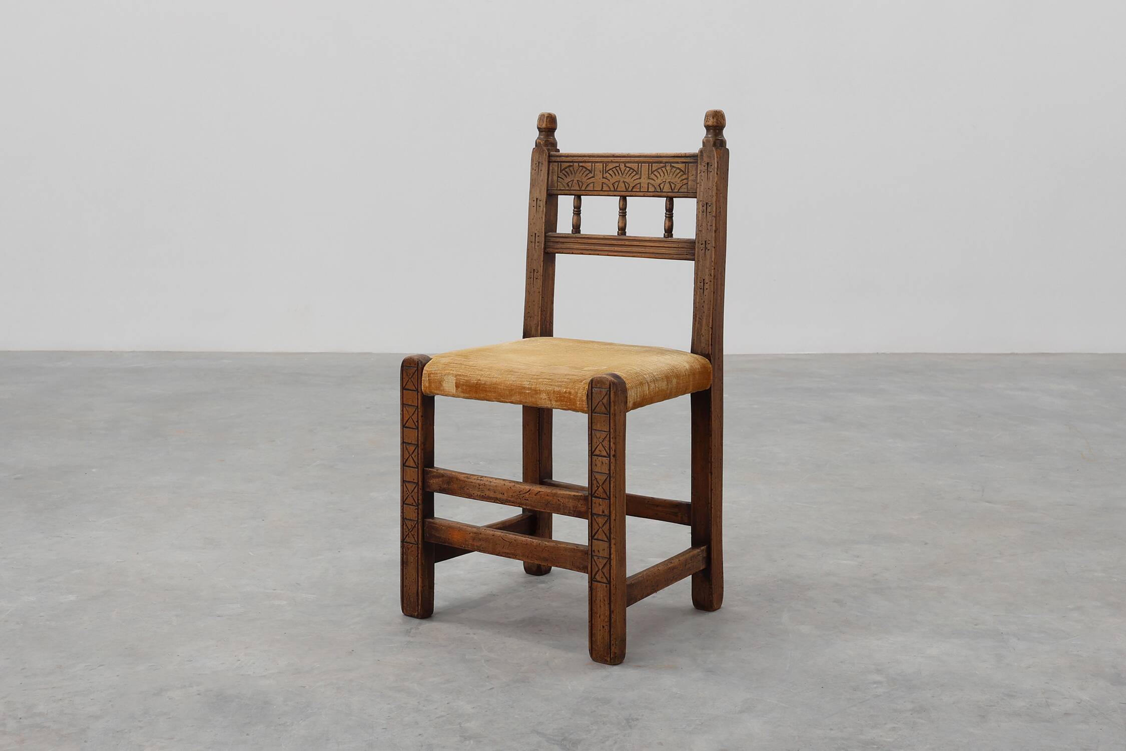 19th Century Spanish Hand-Carved oak Side Chair with Velour Seat