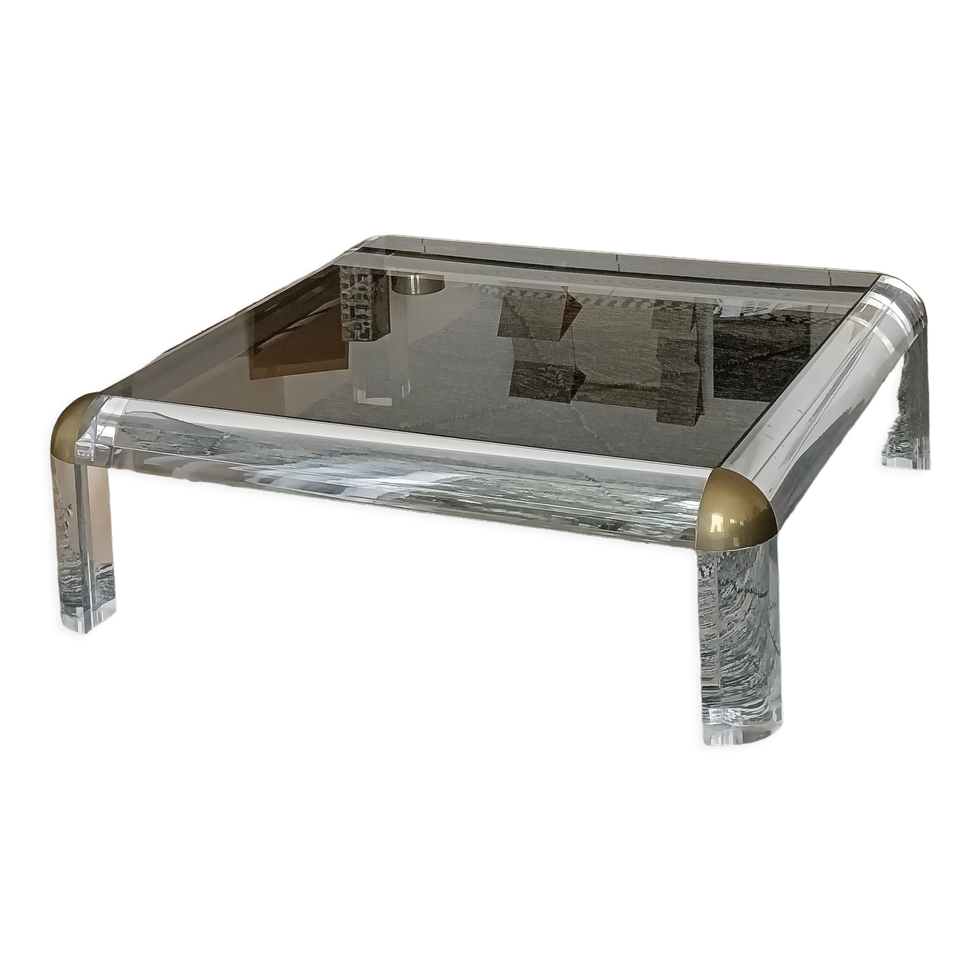 Square coffee table in brass and smoked and lucite glass Karl Springer 1970s