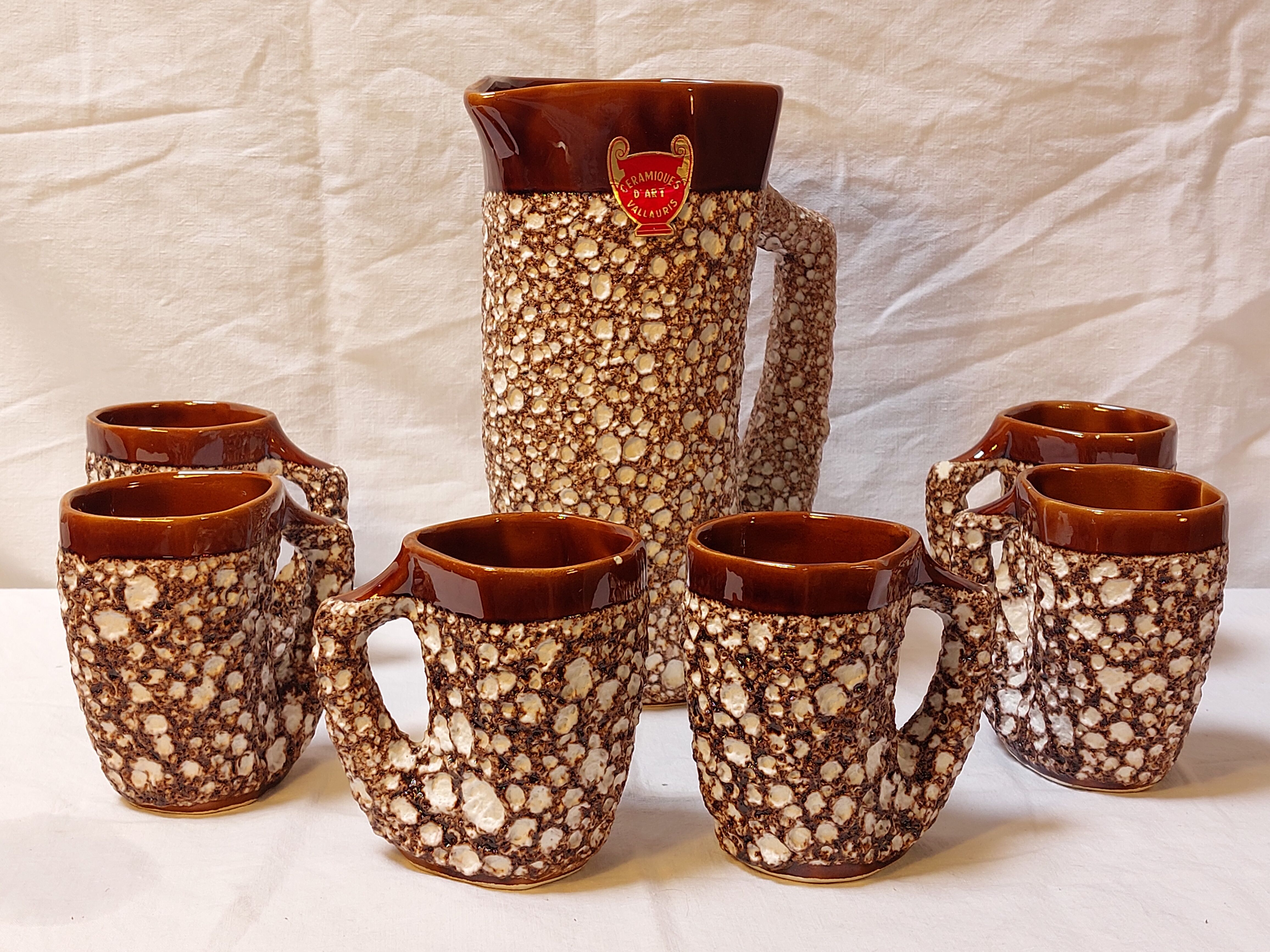 Vintage Vallauris orangeade service with 6 brutalist ceramic glasses.