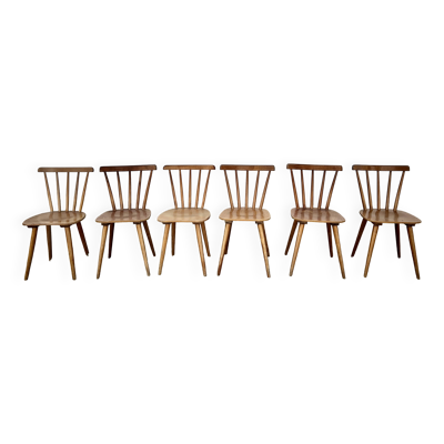 Lot de 6 chaises bistrot vintage – Bois teinté chaleureux – Pieds compas
