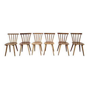 Set of 6 vintage bistro chairs – Warm stained wood – Compass legs