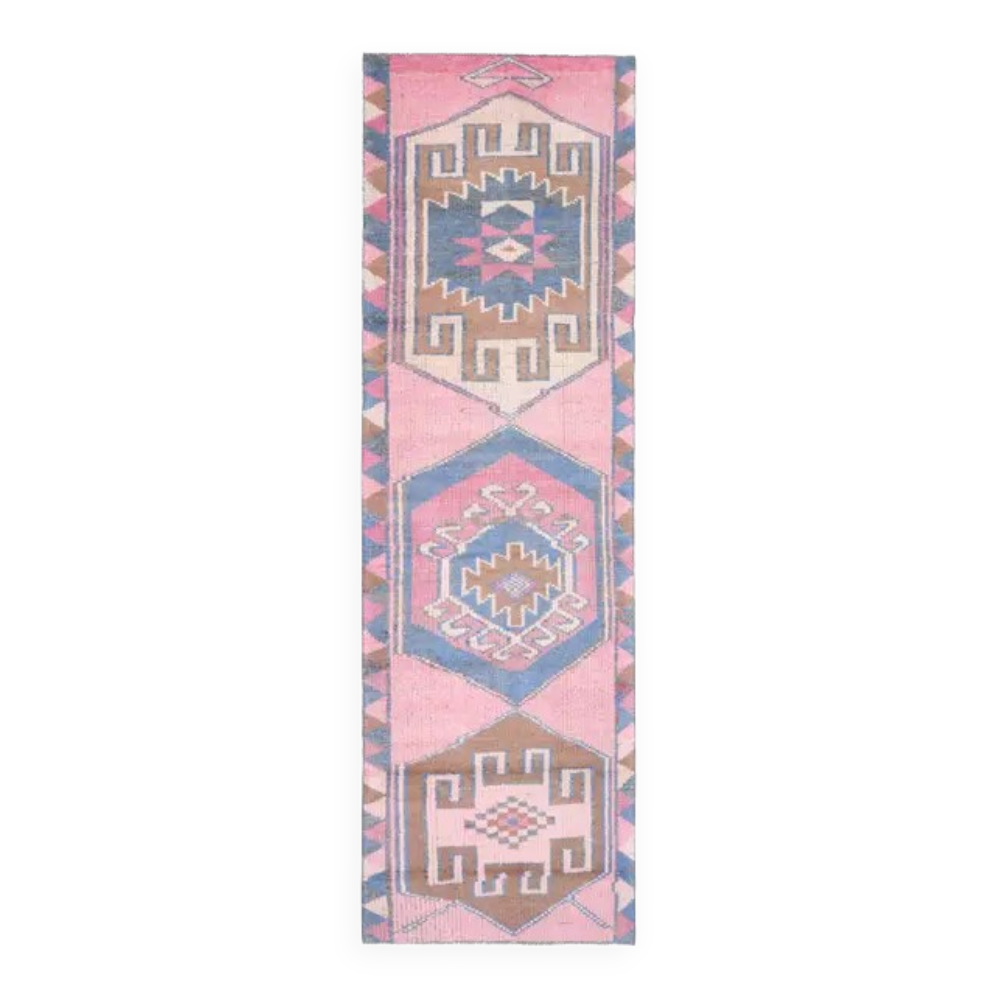 1970s Vintage Turkish Oushak Handmade Wool Cotton Pink Runner Rug 89x299