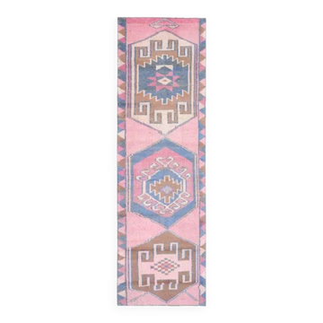 1970s Vintage Turkish Oushak Handmade Wool Cotton Pink Runner Rug 89x299