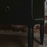Commode noire à 2 tiroirs, plateau en bois brut et pied fuselés