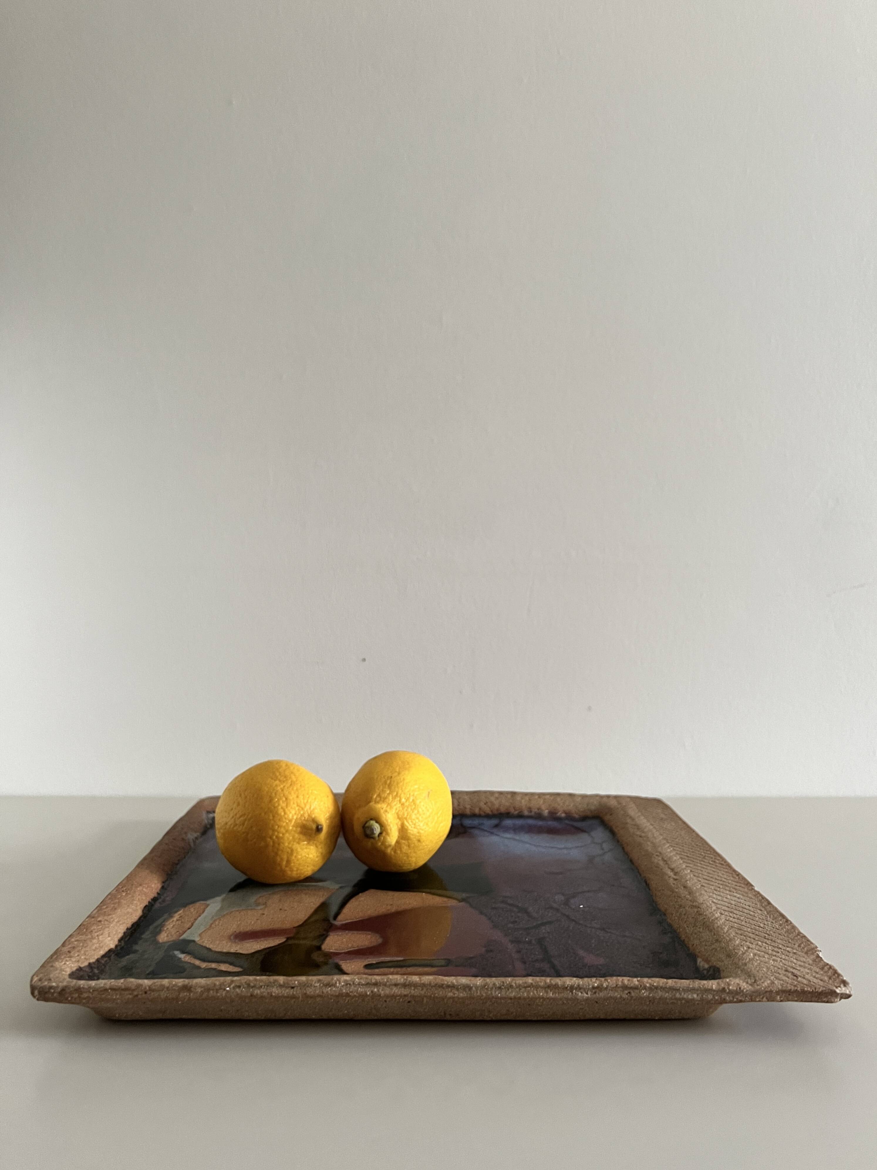 Square trinket dish in glazed ceramic, signed by F. Baudet, France 1970