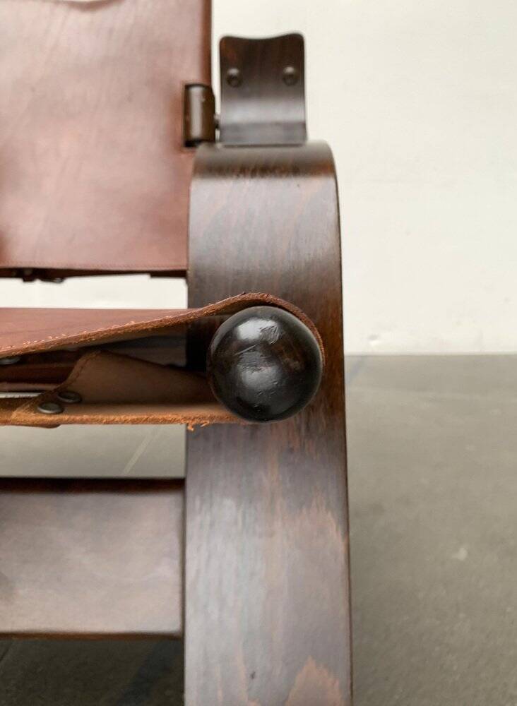 Brutalist Mid-Century Safari Armchair in Wood and Leather, 1960s