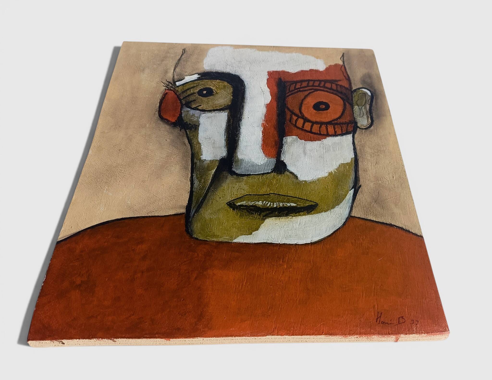 Abstract neo-primitive French portrait painting, mixed media on panel, 1999