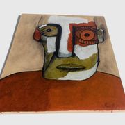 Abstract neo-primitive French portrait painting, mixed media on panel, 1999