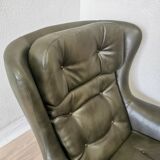 Vintage Dark Green Leather Lounge Armchair: 1970s Scandinavian Style
