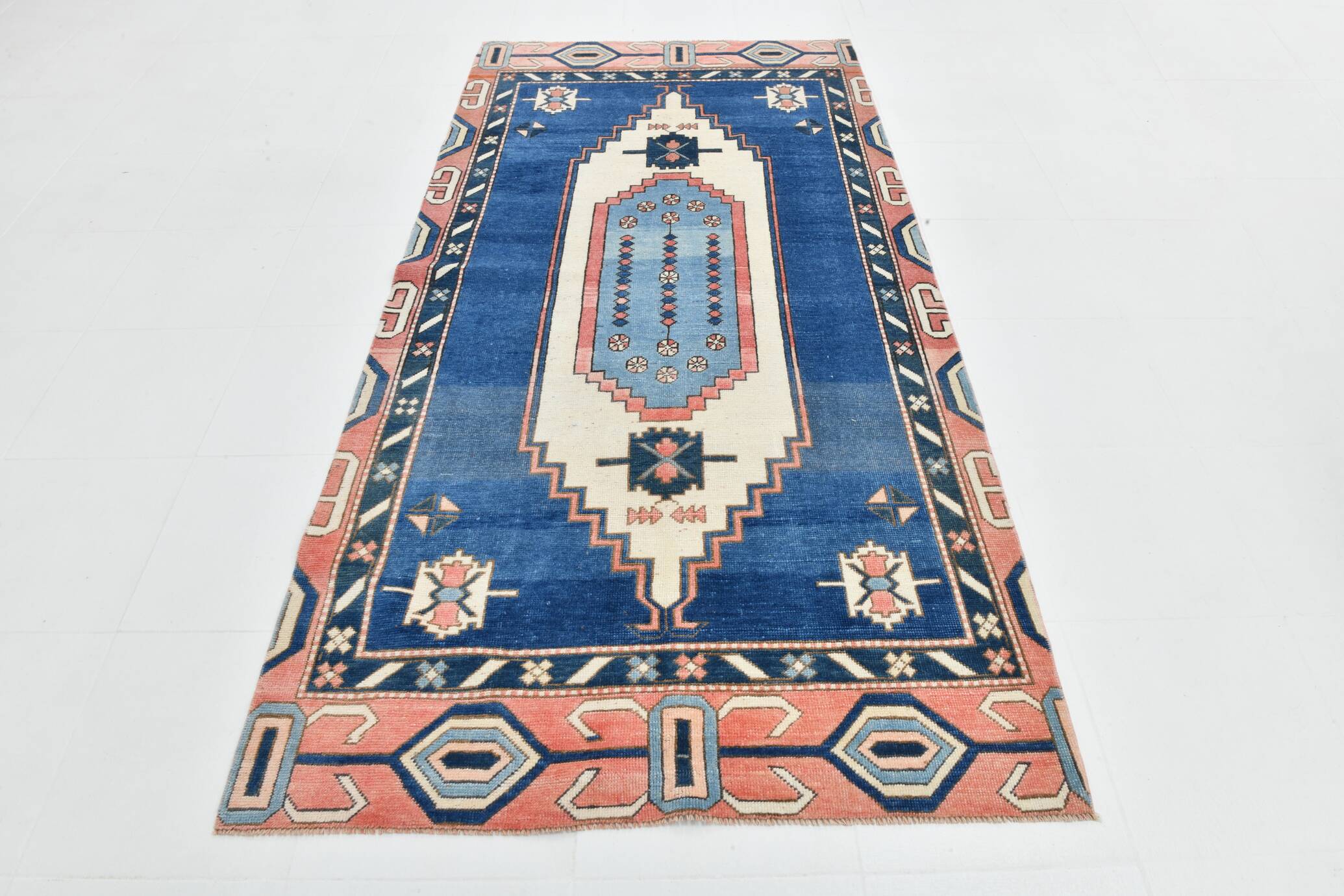 Tapis Vintage Géométrique Bleu et Rose Fait Main – Style Oriental,128x265Cm