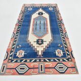 Tapis Vintage Géométrique Bleu et Rose Fait Main – Style Oriental,128x265Cm