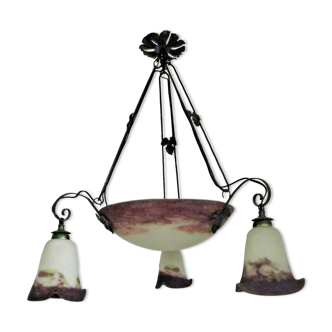 Purple and green art glass chandelier signed degue with 4 lights, signed French