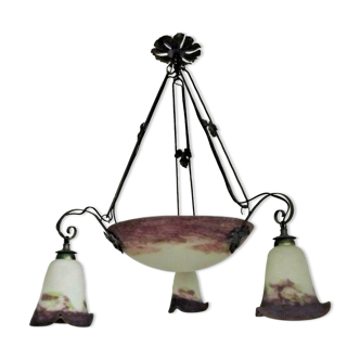 French signed degue 4 light hanging purple & green art glass chandelier