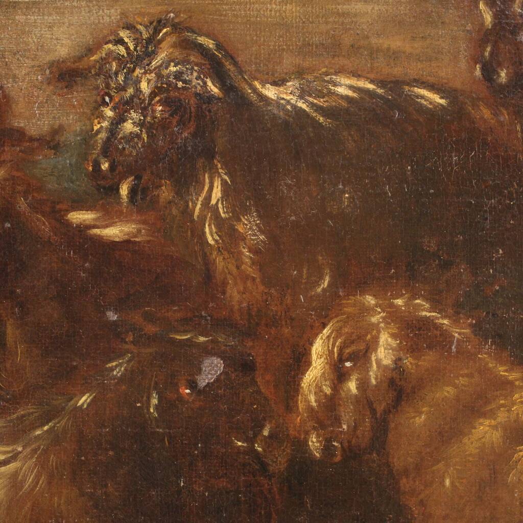 Peinture ancienne paysage avec des chèvres du XVIIe siècle