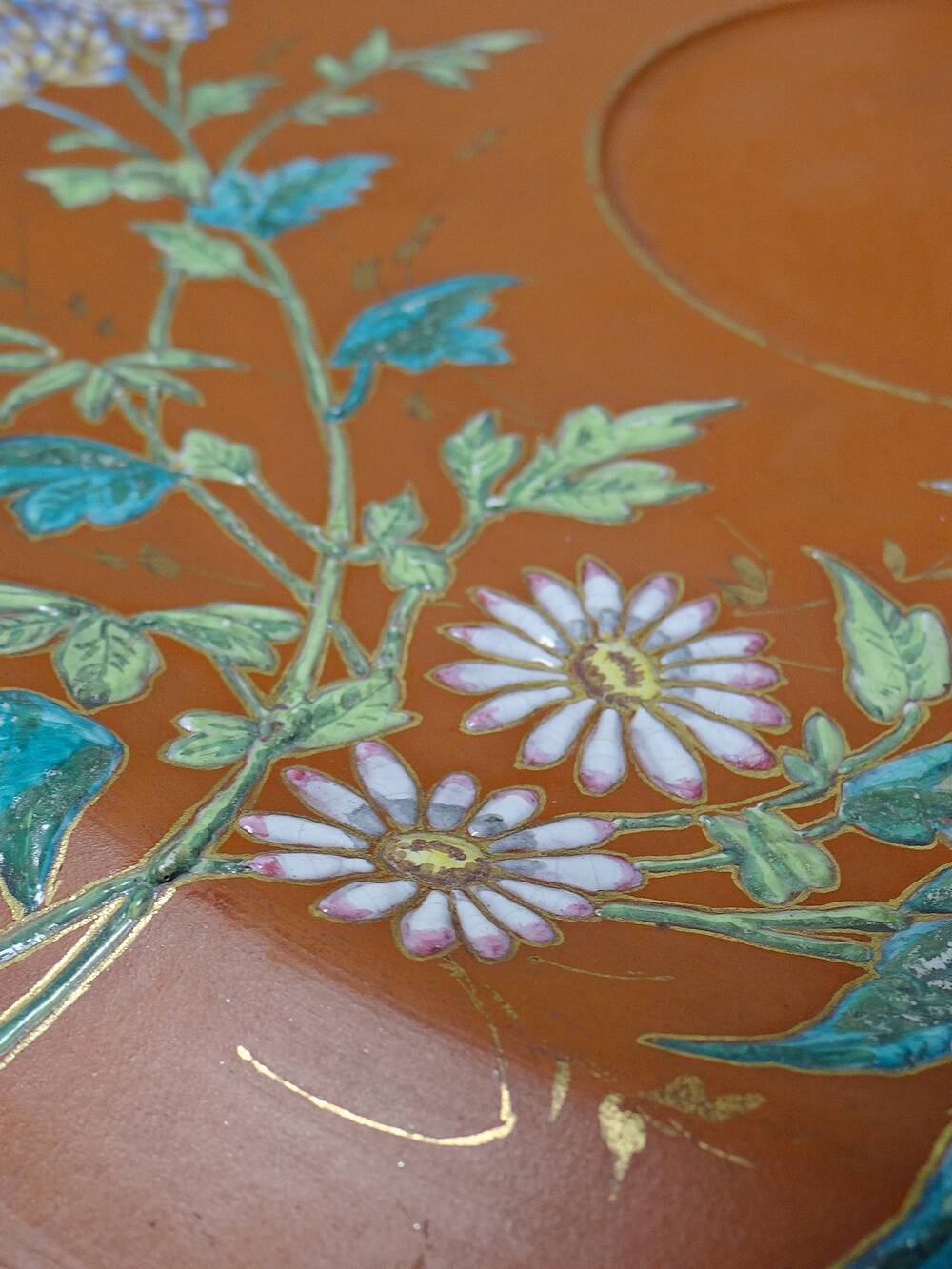Large old clay/terracotta dish with Japanese Art Nouveau enamel